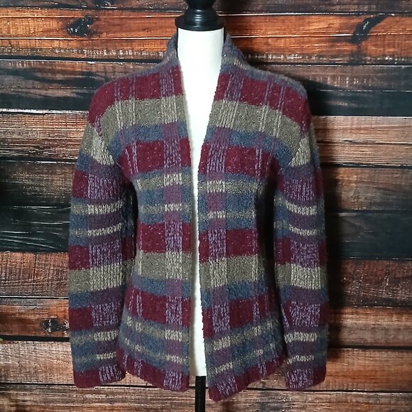 I.B. Diffusion Rare Vintage 80s Cardigan Sweater Size M Wool Plaid Open Front - Picture 2 of 9